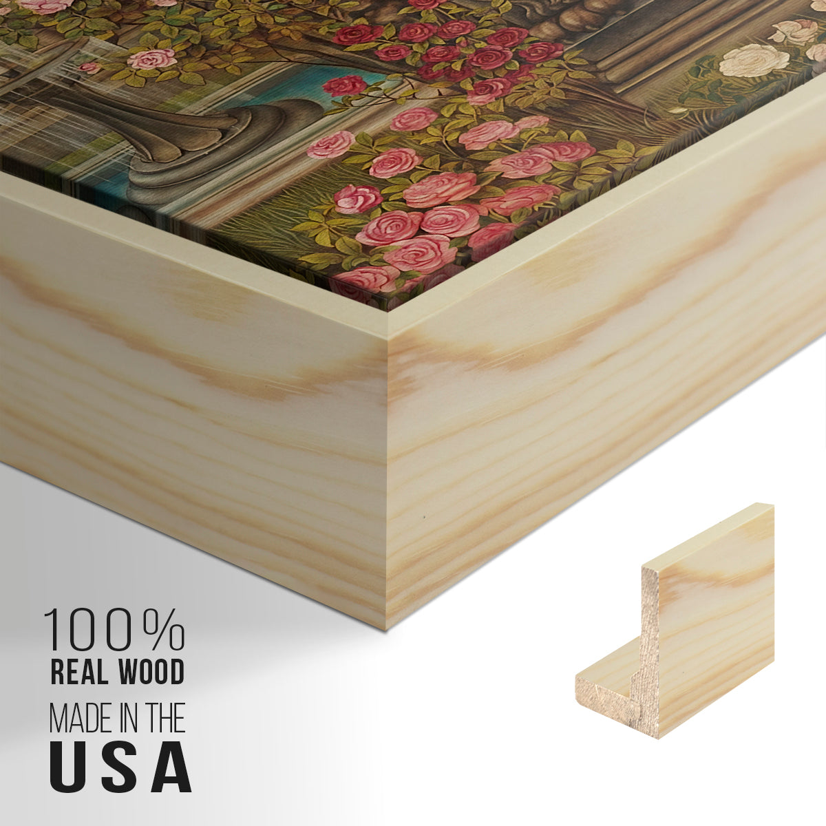Close-up of the natural wood floater frame corner and gallery wrapped canvas construction.