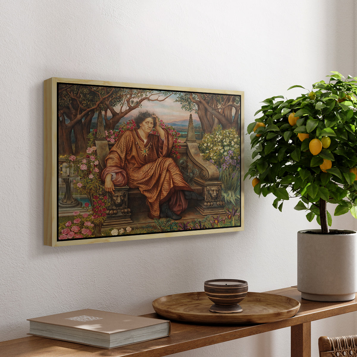 A Soul in Hell, c. 1901-1902 by Evelyn De Morgan, presented in a natural wood floater framed canvas featuring a distressed figure surrounded by flames and torment in symbolic hell scene, displayed above a hallway console table.