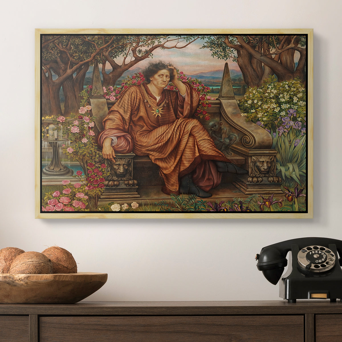 A Soul in Hell, c. 1901-1902 by Evelyn De Morgan in a natural wood floater framed canvas displayed above a console table in a hallway, featuring an emotional scene representing torment and spiritual struggle.