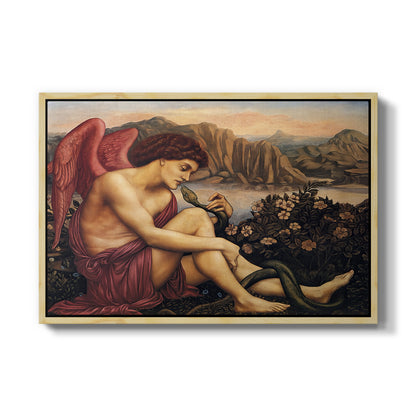 The Angel with the Serpent, c. 1870-1875 by Evelyn De Morgan in a natural wood floater framed canvas wall art display.