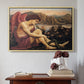 Natural wood floater framed canvas featuring The Angel with the Serpent, c. 1870-1875 by Evelyn De Morgan above an entryway table in a minimalist foyer.
