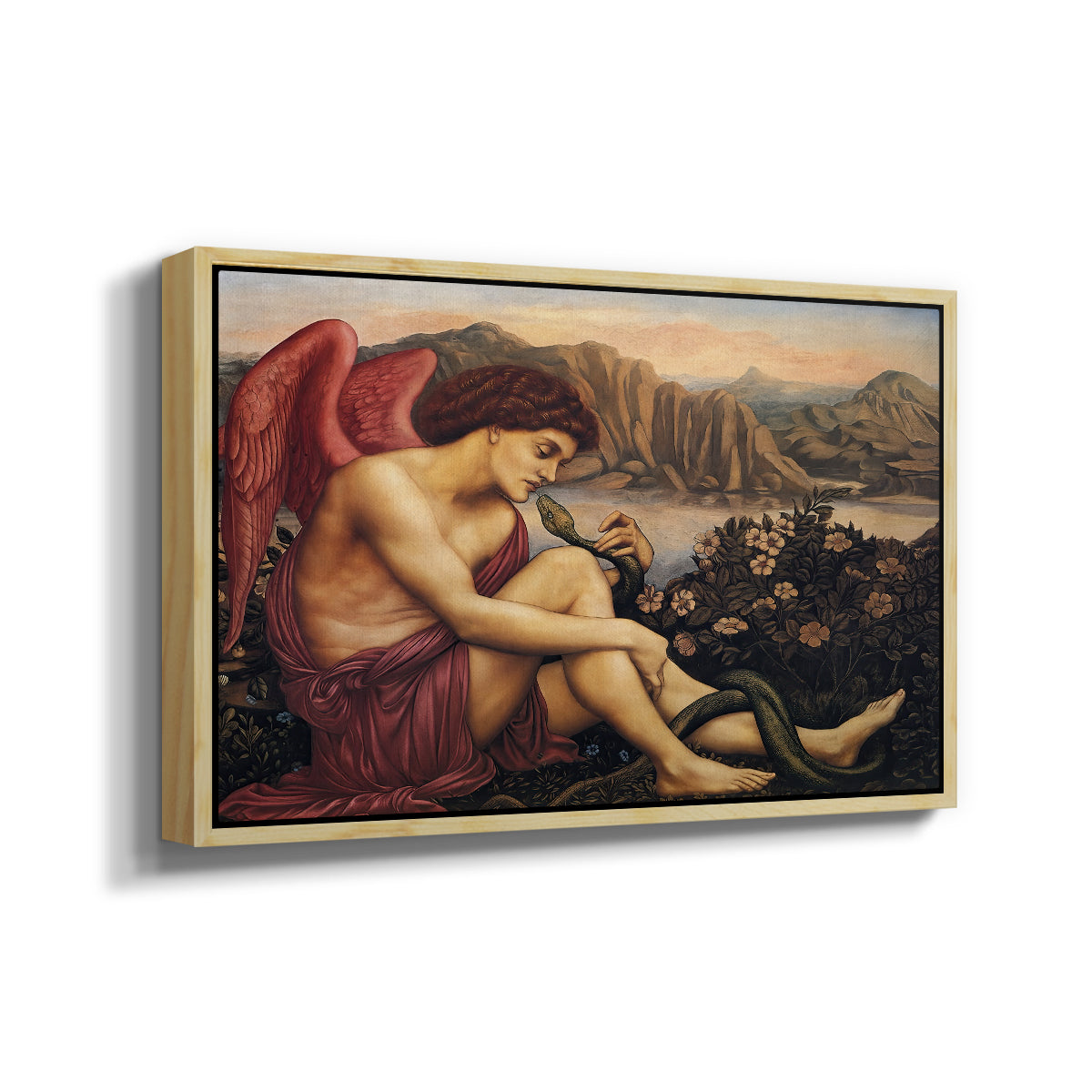 Angled view of The Angel with the Serpent, c. 1870-1875 by Evelyn De Morgan in a natural wood floater framed canvas.