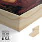 Close-up of the natural wood floater frame corner and gallery wrapped canvas construction.