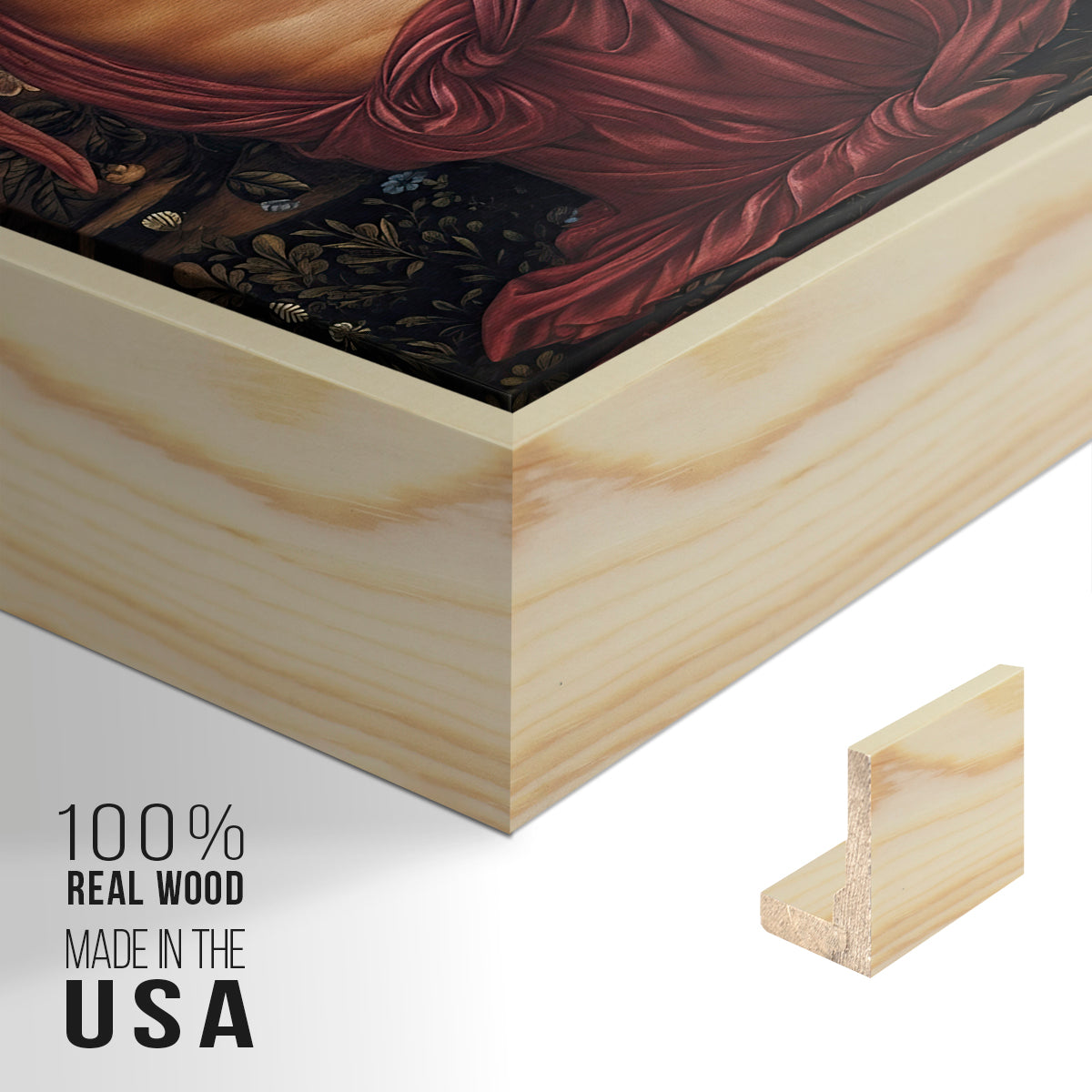 Close-up of the natural wood floater frame corner and gallery wrapped canvas construction.