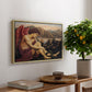 The Angel with the Serpent, c. 1870-1875 by Evelyn De Morgan, presented in a natural wood floater framed canvas featuring an angelic figure confronting serpent in symbolic battle of good and evil, displayed above a hallway console table.