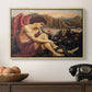 The Angel with the Serpent, c. 1870-1875 by Evelyn De Morgan in a natural wood floater framed canvas displayed above a console table in a hallway, featuring a symbolic imagery of purity overcoming evil forces.