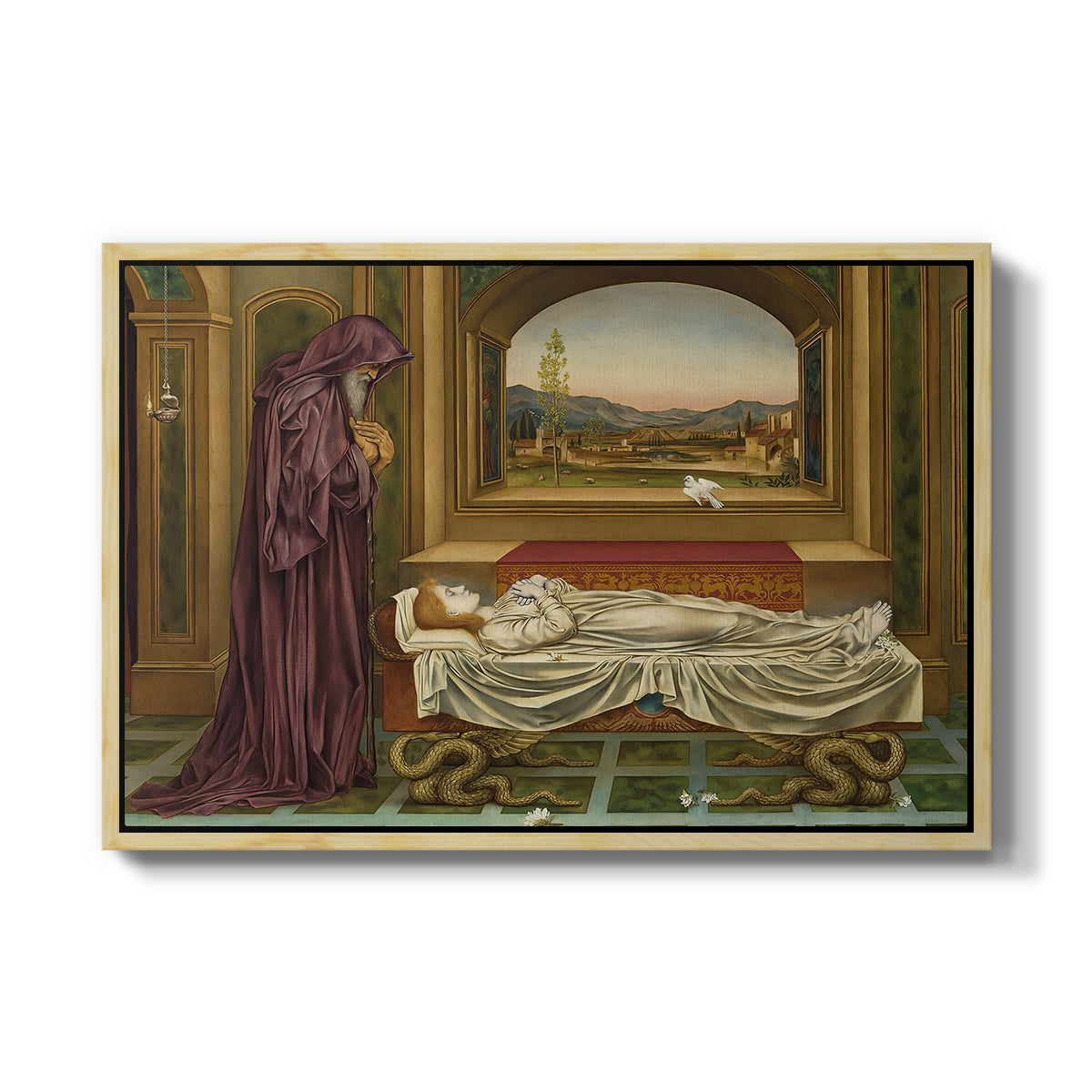 The Wandering Jew: Whom the Gods Love Die Young, 1888 by Evelyn De Morgan in a natural wood floater framed canvas wall art display.