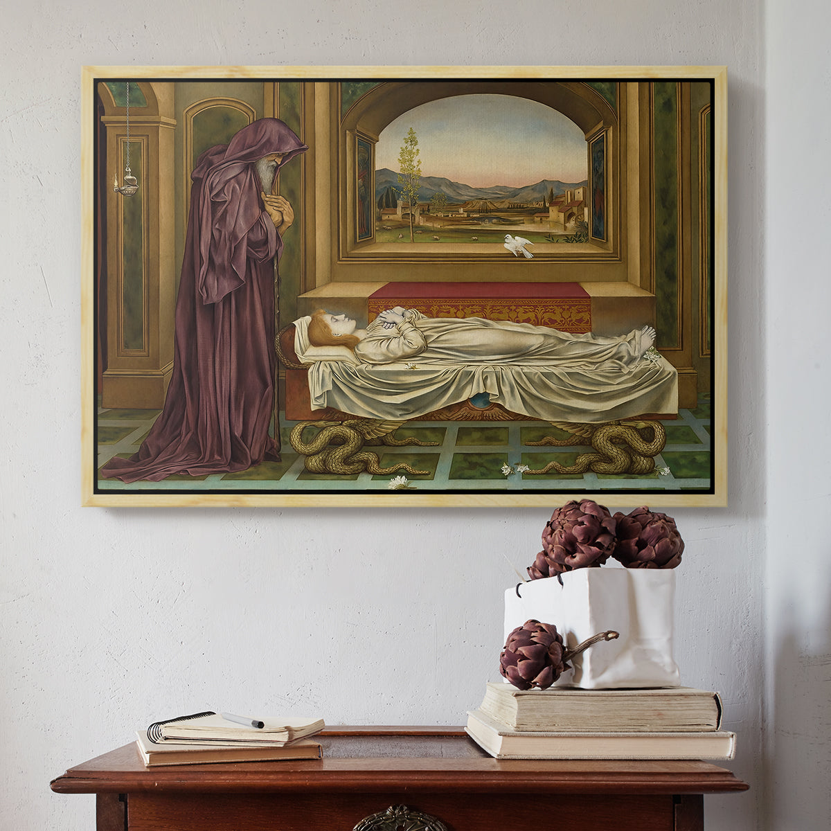 Natural wood floater framed canvas featuring The Wandering Jew: Whom the Gods Love Die Young, 1888 by Evelyn De Morgan above an entryway table in a minimalist foyer.