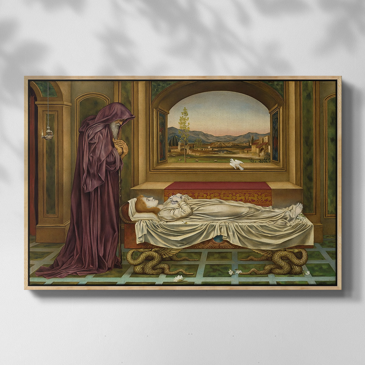 Front view of The Wandering Jew: Whom the Gods Love Die Young, 1888 by Evelyn De Morgan in a natural wood floater framed canvas.