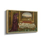 Angled view of The Wandering Jew: Whom the Gods Love Die Young, 1888 by Evelyn De Morgan in a natural wood floater framed canvas.