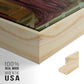 Close-up of the natural wood floater frame corner and gallery wrapped canvas construction.