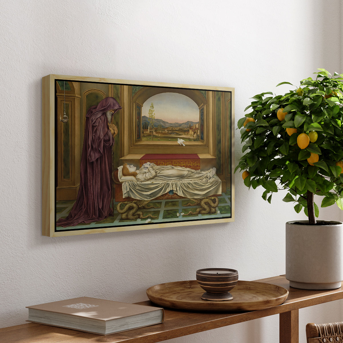 The Wandering Jew: Whom the Gods Love Die Young, 1888 by Evelyn De Morgan, presented in a natural wood floater framed canvas featuring a solitary figure standing in interior space with contemplative expression, displayed above a hallway console table.