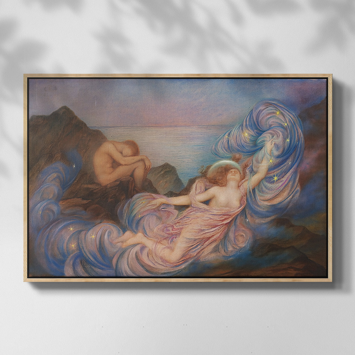 Front view of Twilight, 1914 by Evelyn De Morgan in a natural wood floater framed canvas.
