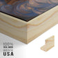 Close-up of the natural wood floater frame corner and gallery wrapped canvas construction.