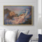 Twilight, 1914 by Evelyn De Morgan displayed above a sofa in a living room in a natural wood floater frame, featuring an allegorical figure resting in atmospheric dusk setting.