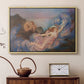 Natural wood floater framed canvas featuring a dreamlike composition with woman in fading light, displayed above a cabinet in a soft-toned living room.