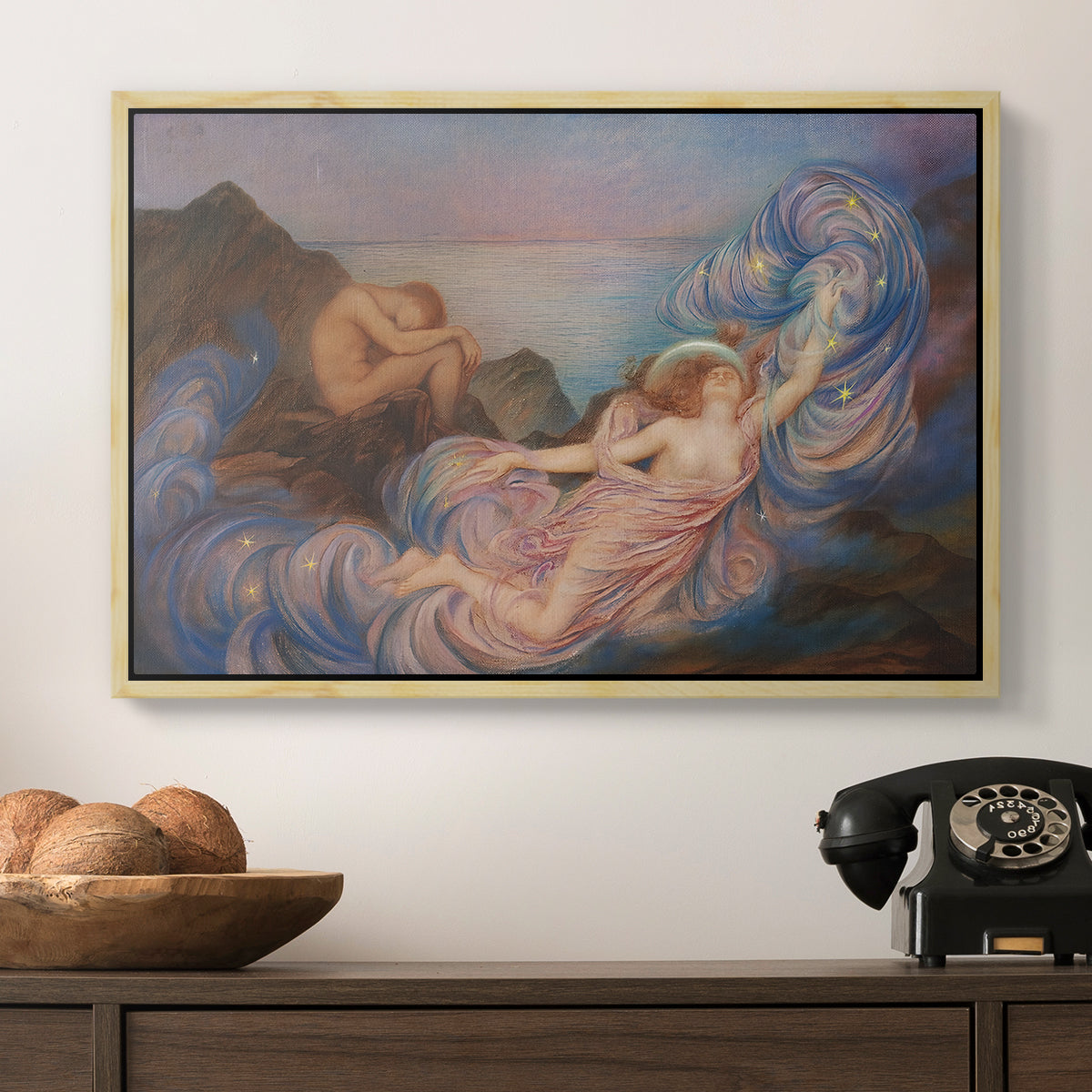 Twilight, 1914 by Evelyn De Morgan in a natural wood floater framed canvas displayed above a console table in a hallway, featuring a symbolic scene of figure surrounded by evening tones.