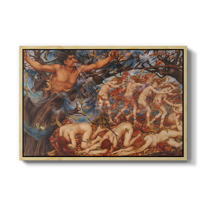 Boreas and the Fallen Leaves, c. 1910-1914 by Evelyn De Morgan in a natural wood floater framed canvas wall art display.