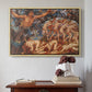 Natural wood floater framed canvas featuring Boreas and the Fallen Leaves, c. 1910-1914 by Evelyn De Morgan above an entryway table in a minimalist foyer.
