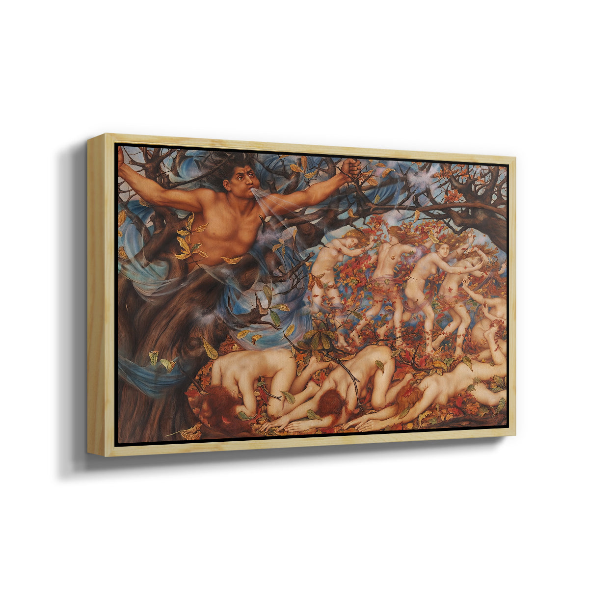 Angled view of Boreas and the Fallen Leaves, c. 1910-1914 by Evelyn De Morgan in a natural wood floater framed canvas.