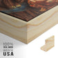 Close-up of the natural wood floater frame corner and gallery wrapped canvas construction.