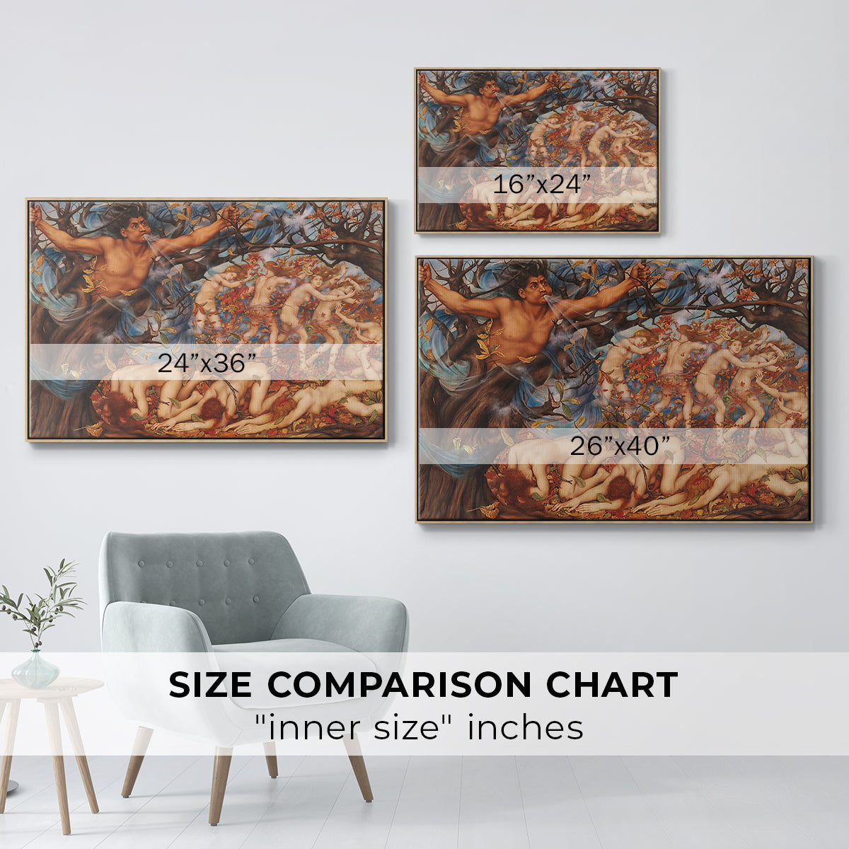 Size comparison chart for natural wood floater framed canvas featuring Boreas and the Fallen Leaves, c. 1910-1914 by Evelyn De Morgan.