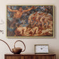 Natural wood floater framed canvas featuring an energetic depiction of figures swept through air by wind, displayed above a cabinet in a soft-toned living room.