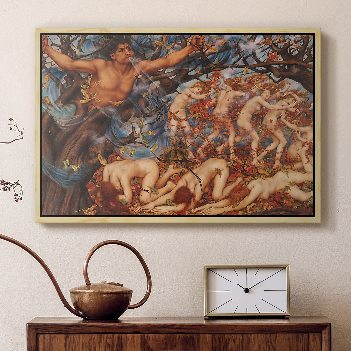 Natural wood floater framed canvas featuring an energetic depiction of figures swept through air by wind, displayed above a cabinet in a soft-toned living room.