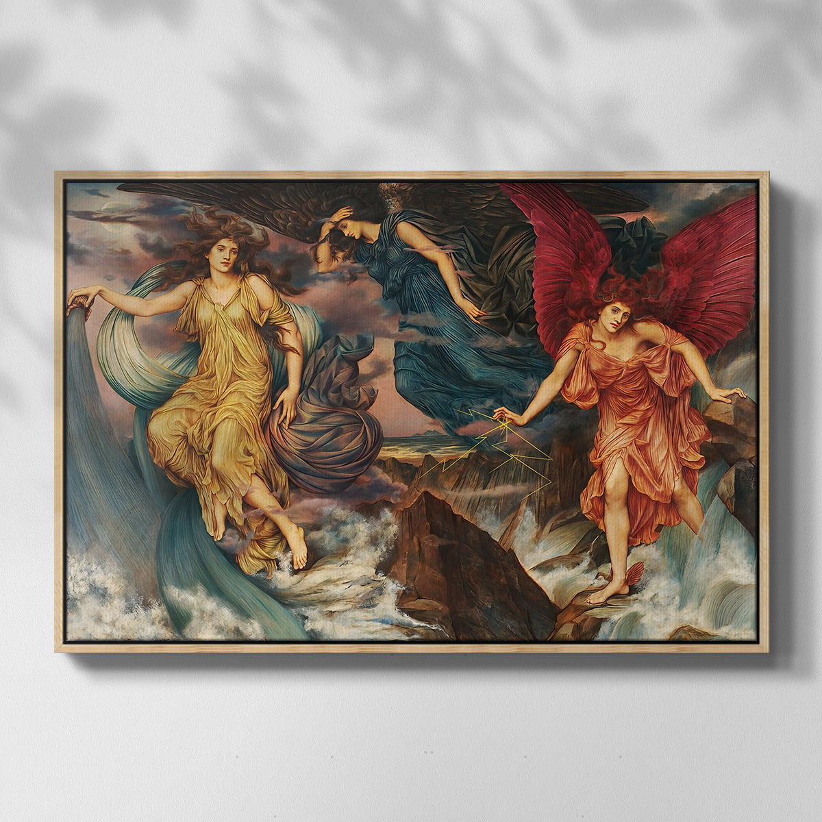 Front view of The Storm Spirits, 1900 by Evelyn De Morgan in a natural wood floater framed canvas.