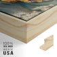 Close-up of the natural wood floater frame corner and gallery wrapped canvas construction.