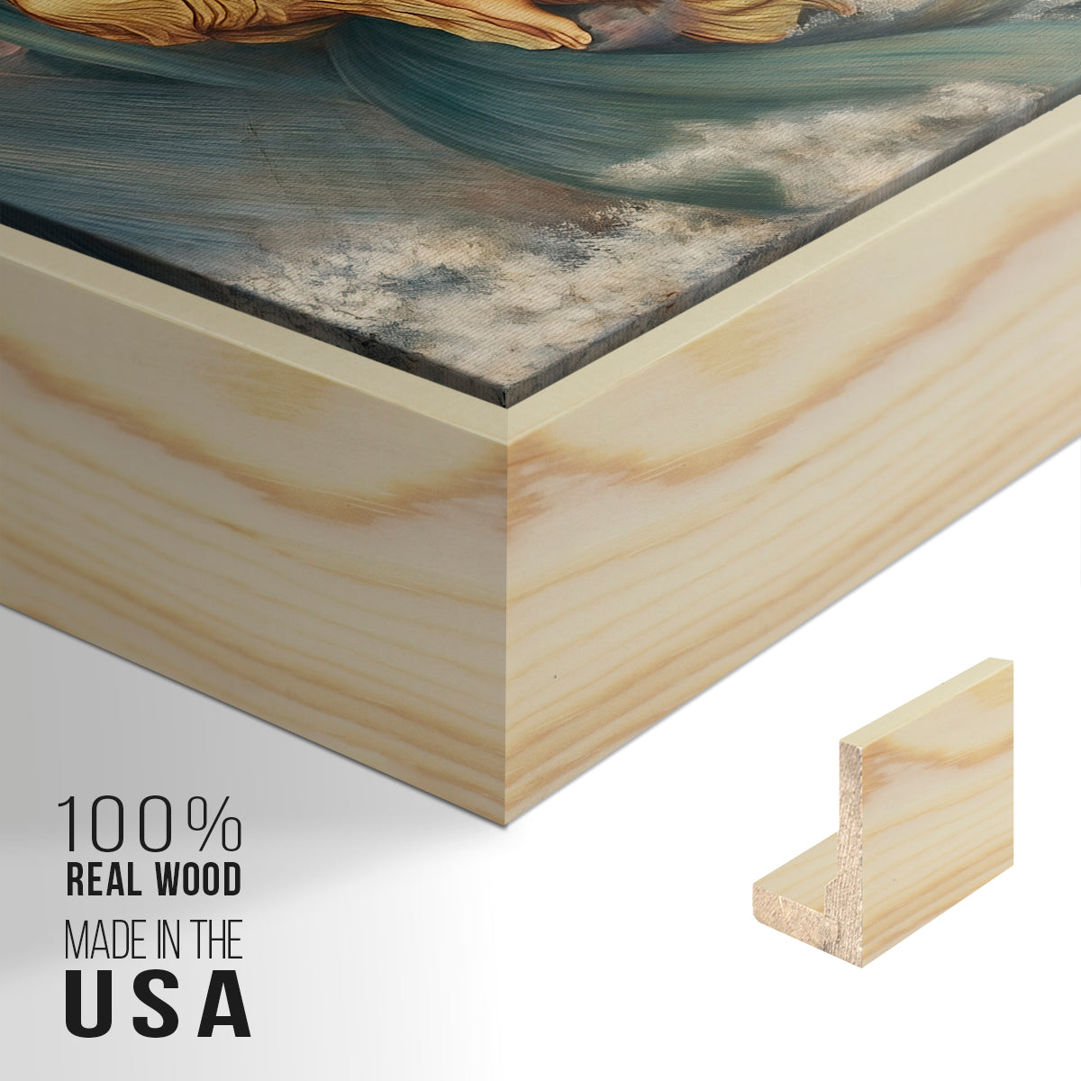 Close-up of the natural wood floater frame corner and gallery wrapped canvas construction.