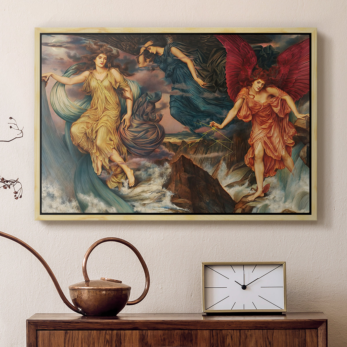 Natural wood floater framed canvas featuring a dynamic composition of figures embodying storm energy, displayed above a cabinet in a soft-toned living room.