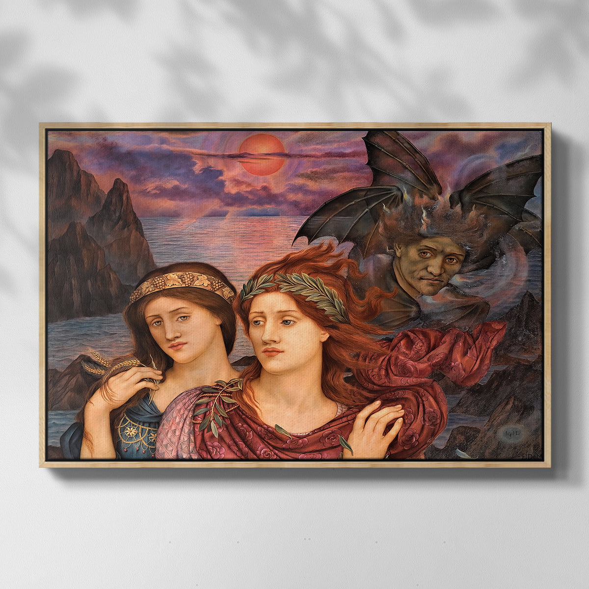 Front view of The Vision, 1914 by Evelyn De Morgan in a natural wood floater framed canvas.