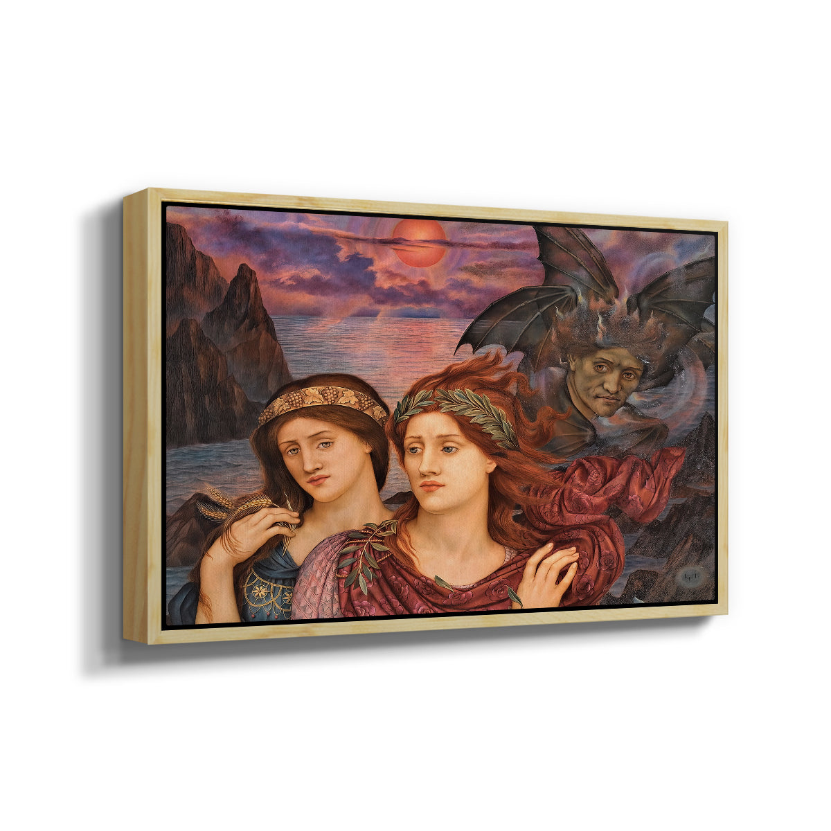 Angled view of The Vision, 1914 by Evelyn De Morgan in a natural wood floater framed canvas.