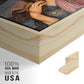 Close-up of the natural wood floater frame corner and gallery wrapped canvas construction.