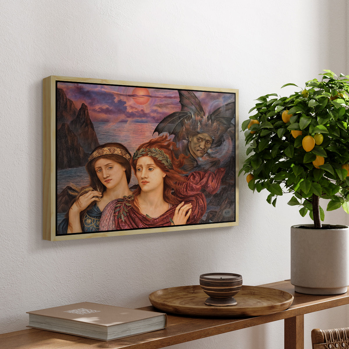 The Vision, 1914 by Evelyn De Morgan, presented in a natural wood floater framed canvas featuring two female figures gazing outward with vivid sky behind them, displayed above a hallway console table.