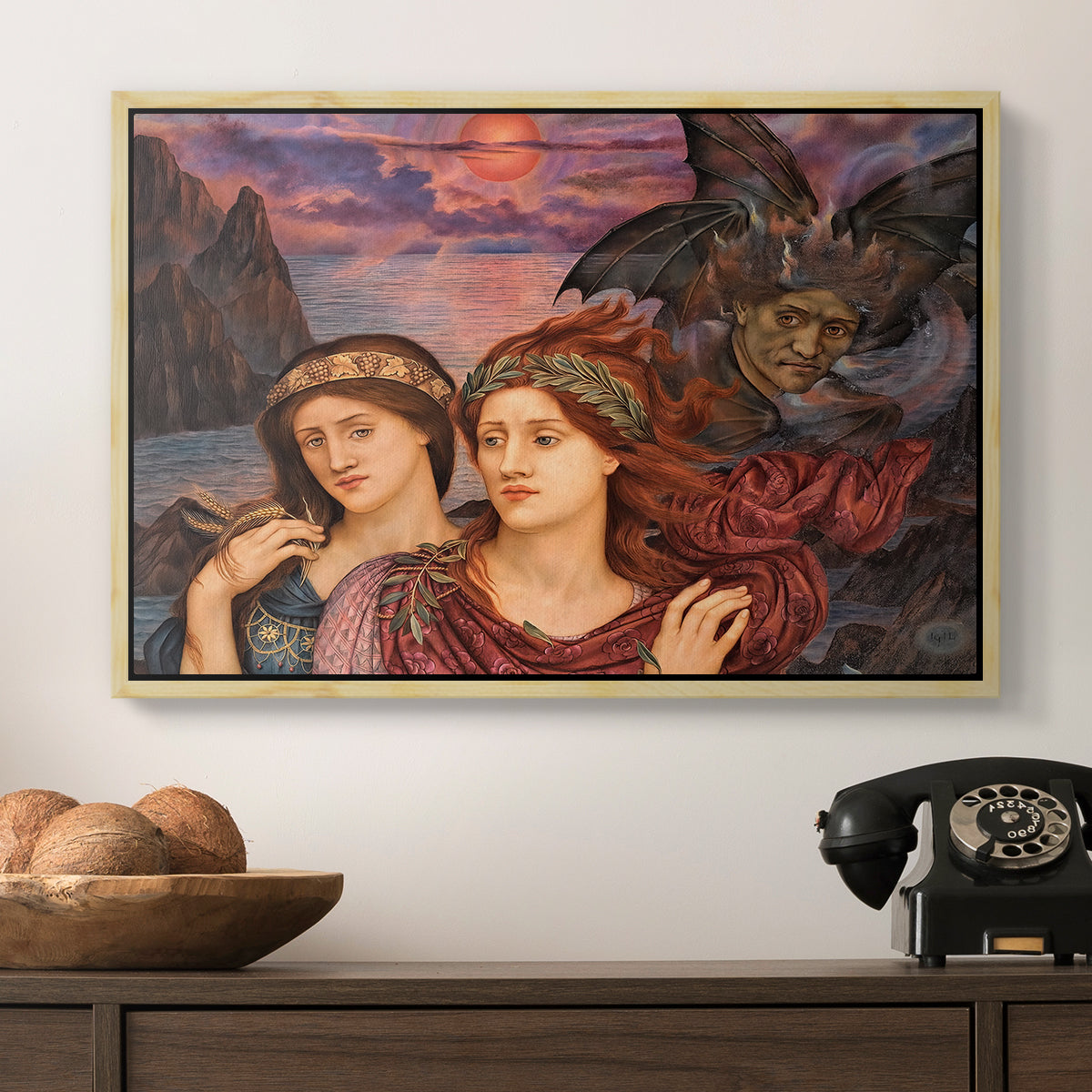 The Vision, 1914 by Evelyn De Morgan in a natural wood floater framed canvas displayed above a console table in a hallway, featuring an allegorical scene emphasizing emotion and color.