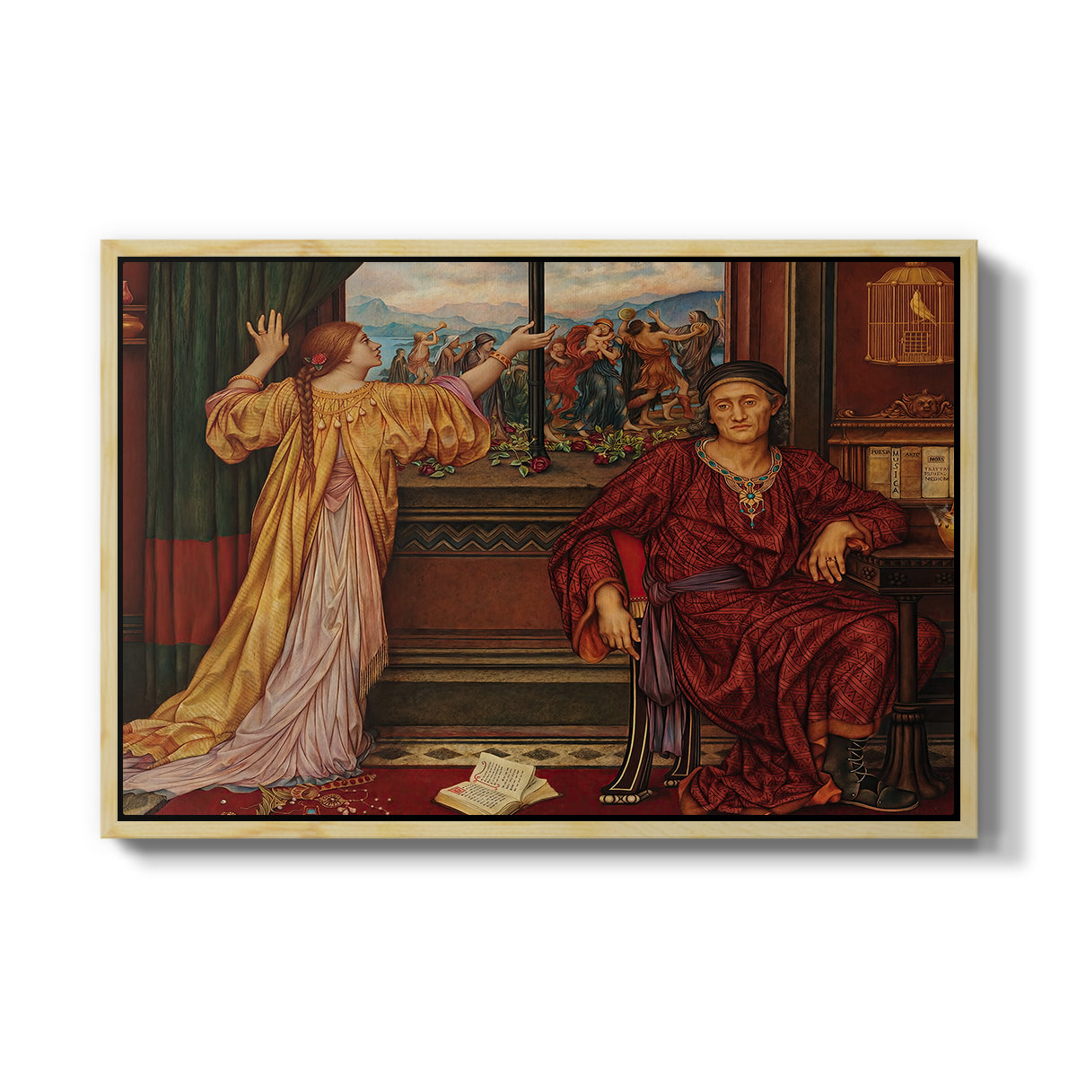 The Gilded Cage, c. 1901-1902 by Evelyn De Morgan in a natural wood floater framed canvas wall art display.