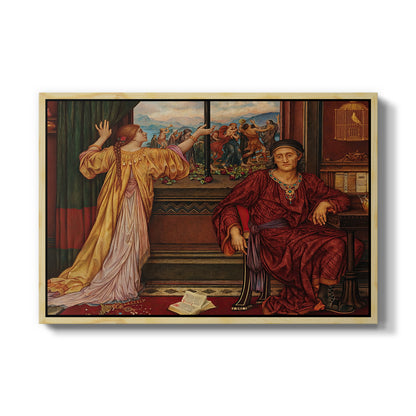 The Gilded Cage, c. 1901-1902 by Evelyn De Morgan in a natural wood floater framed canvas wall art display.