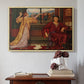 Natural wood floater framed canvas featuring The Gilded Cage, c. 1901-1902 by Evelyn De Morgan above an entryway table in a minimalist foyer.