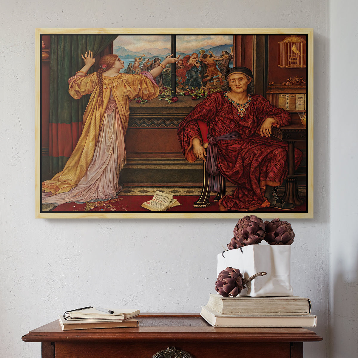 Natural wood floater framed canvas featuring The Gilded Cage, c. 1901-1902 by Evelyn De Morgan above an entryway table in a minimalist foyer.