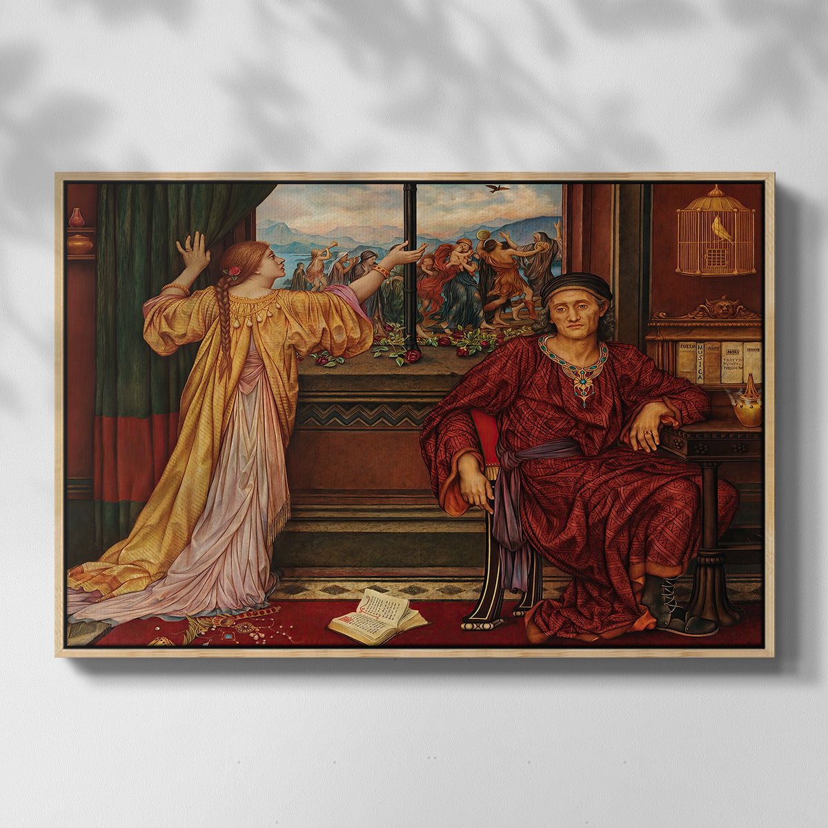 Front view of The Gilded Cage, c. 1901-1902 by Evelyn De Morgan in a natural wood floater framed canvas.