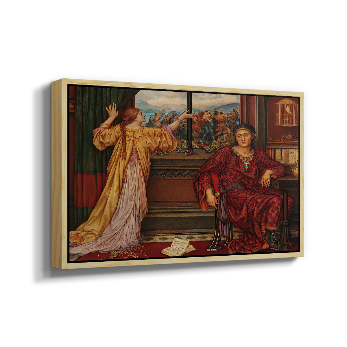Angled view of The Gilded Cage, c. 1901-1902 by Evelyn De Morgan in a natural wood floater framed canvas.