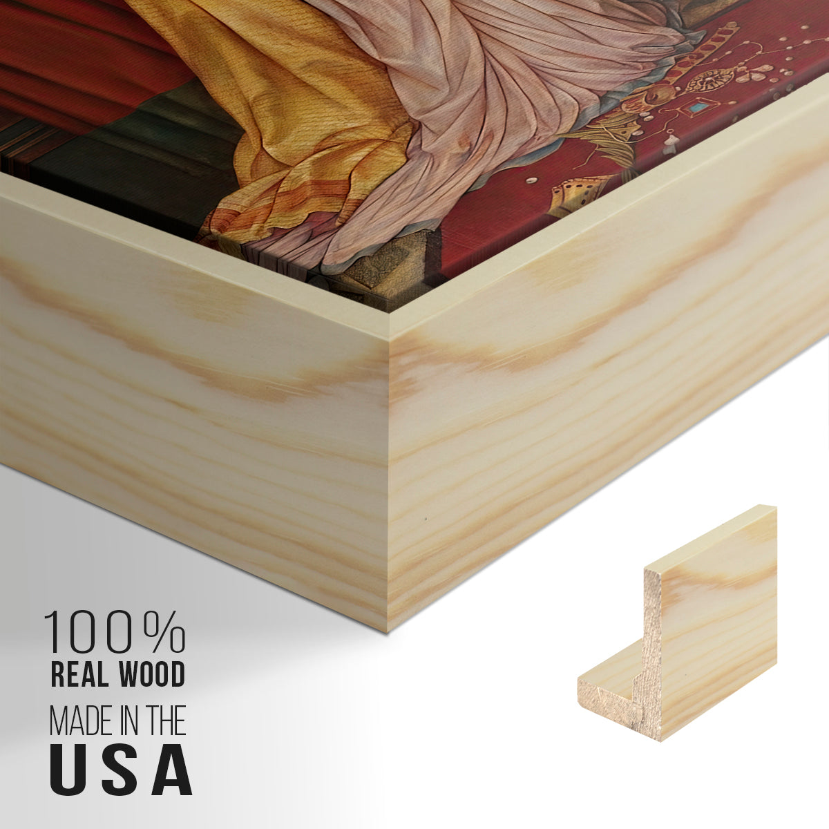 Close-up of the natural wood floater frame corner and gallery wrapped canvas construction.