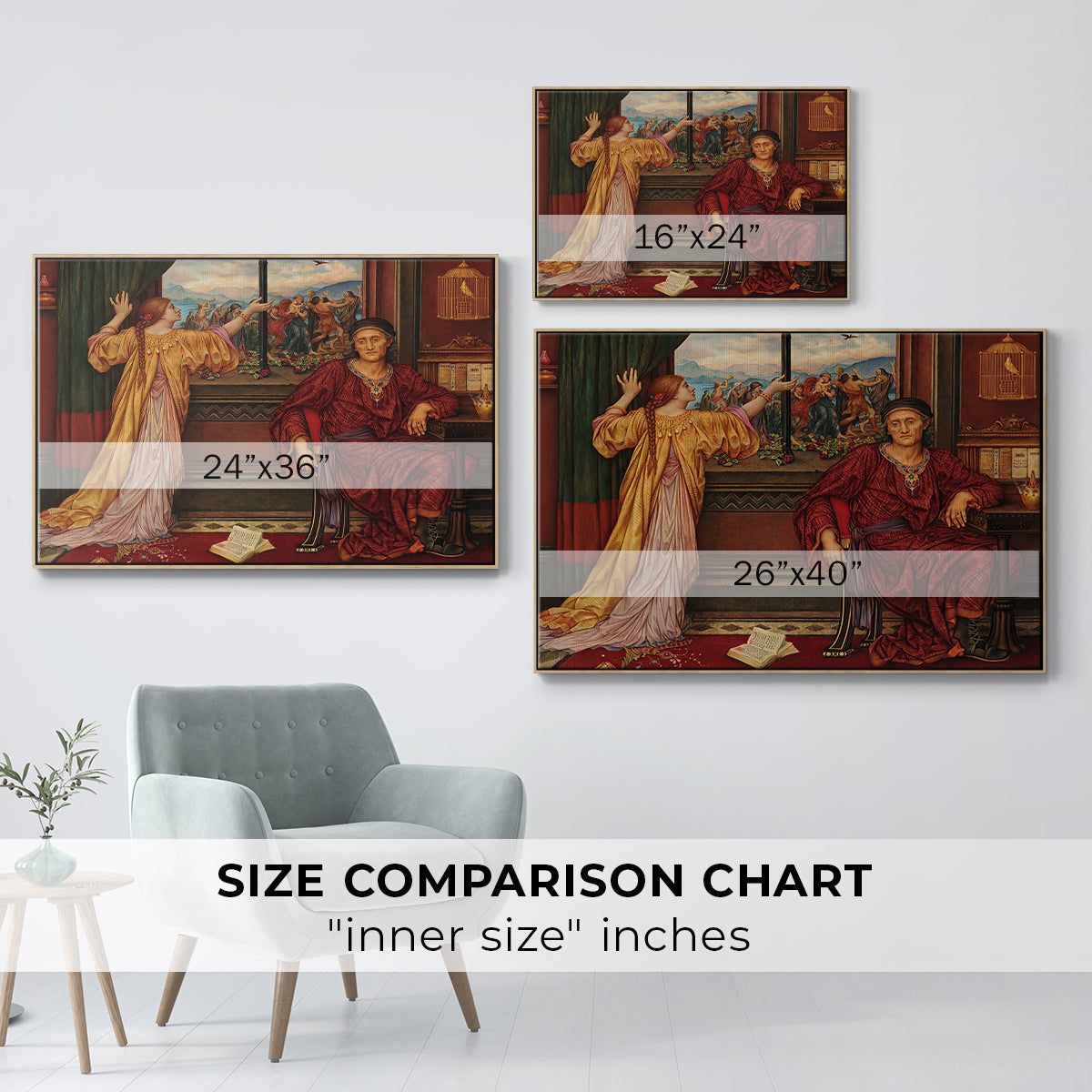 Size comparison chart for natural wood floater framed canvas featuring The Gilded Cage, c. 1901-1902 by Evelyn De Morgan.