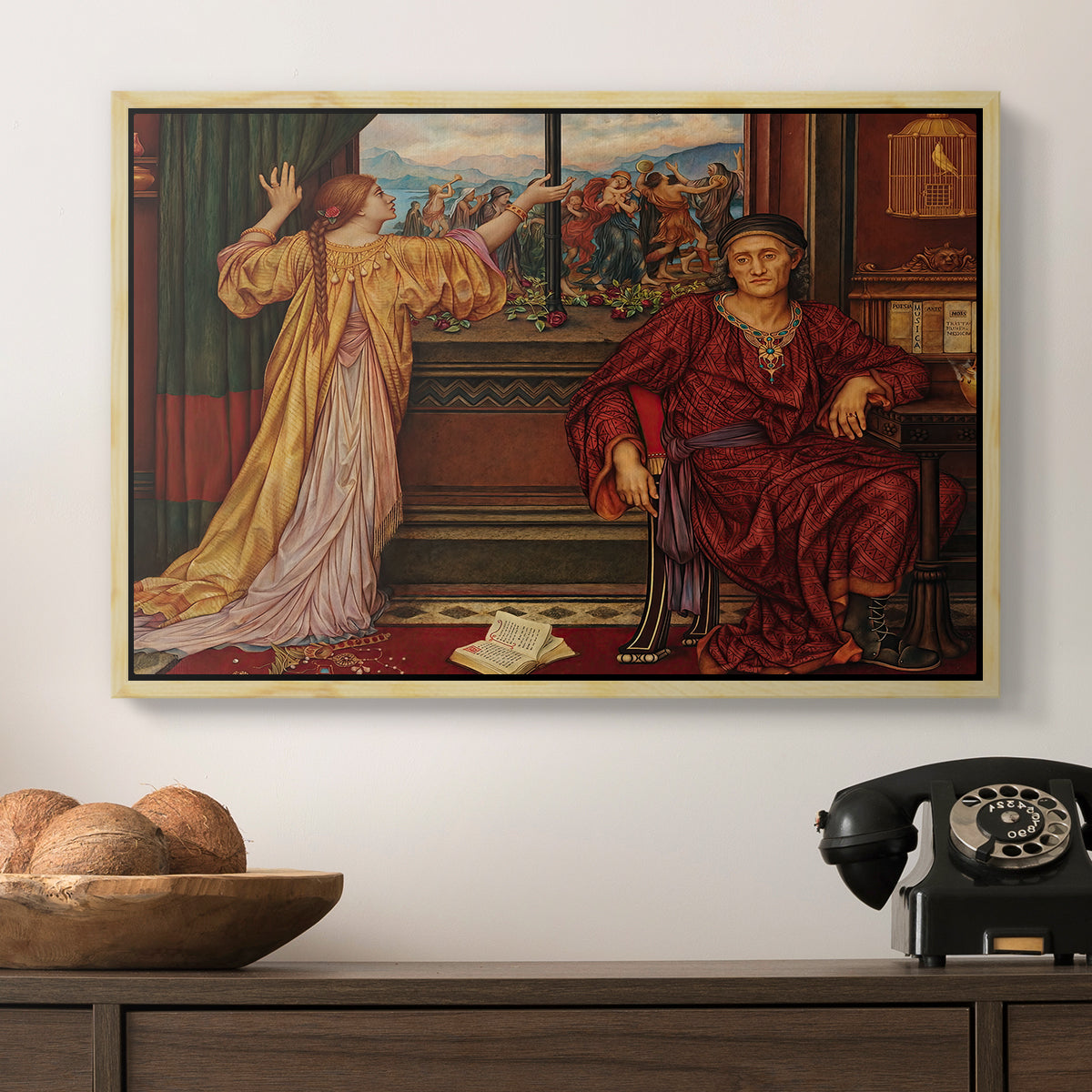 The Gilded Cage, c. 1901-1902 by Evelyn De Morgan in a natural wood floater framed canvas displayed above a console table in a hallway, featuring an allegorical depiction of beauty and captivity.