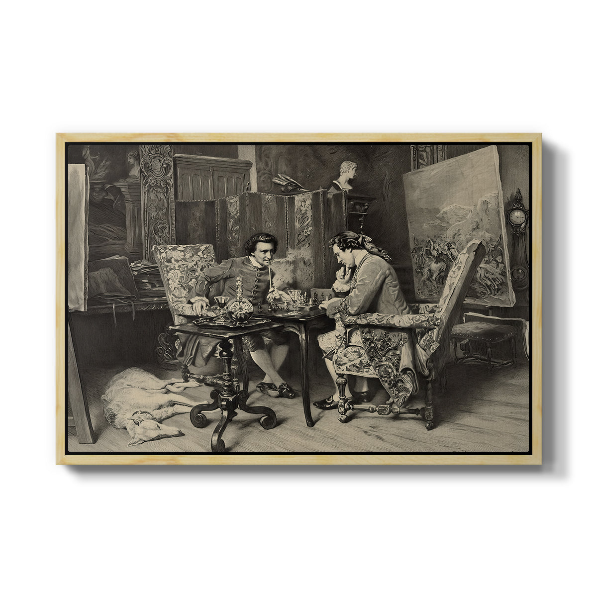 The Chess Players, 1858 by Ernest Meissonier in a natural wood floater framed canvas wall art display.