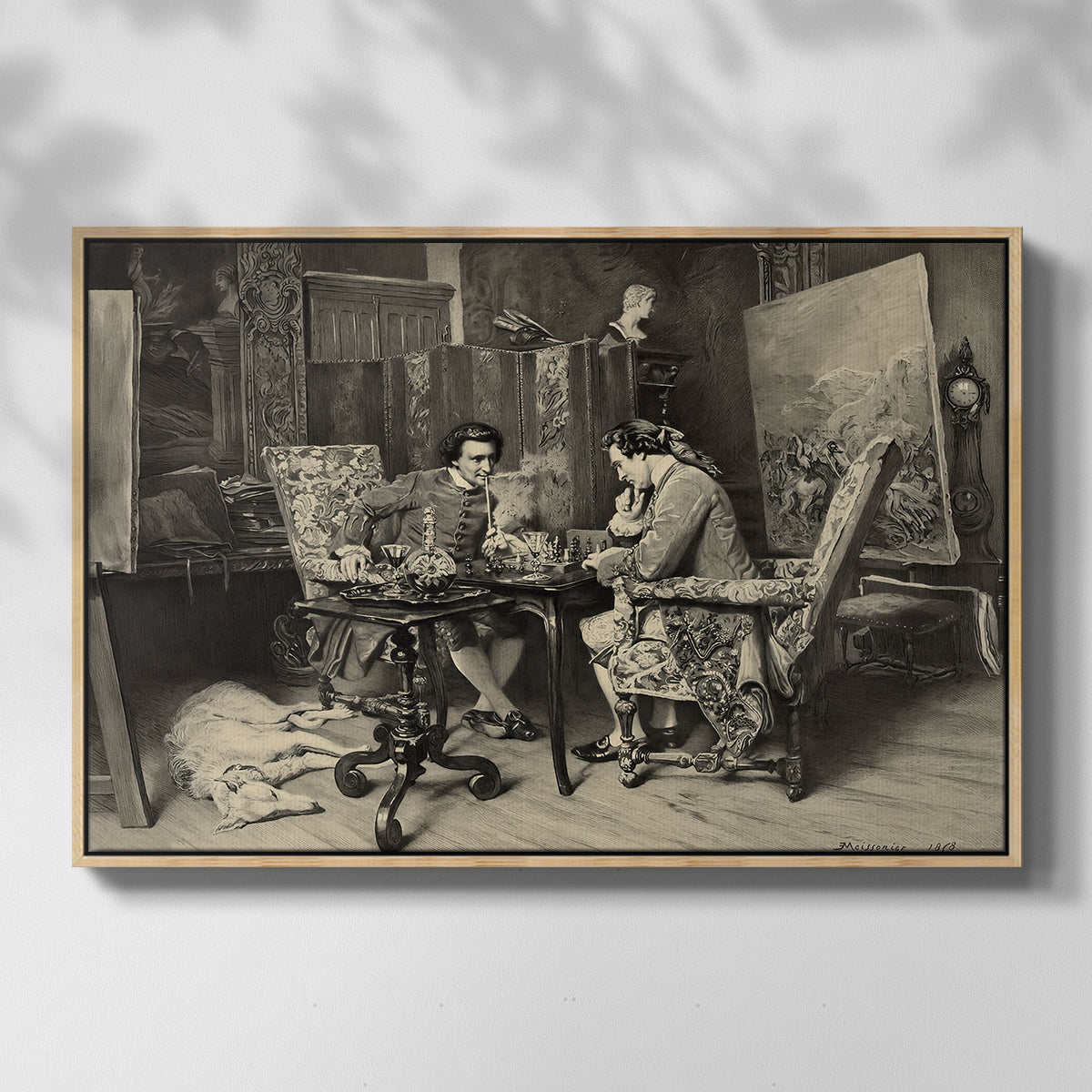 Front view of The Chess Players, 1858 by Ernest Meissonier in a natural wood floater framed canvas.