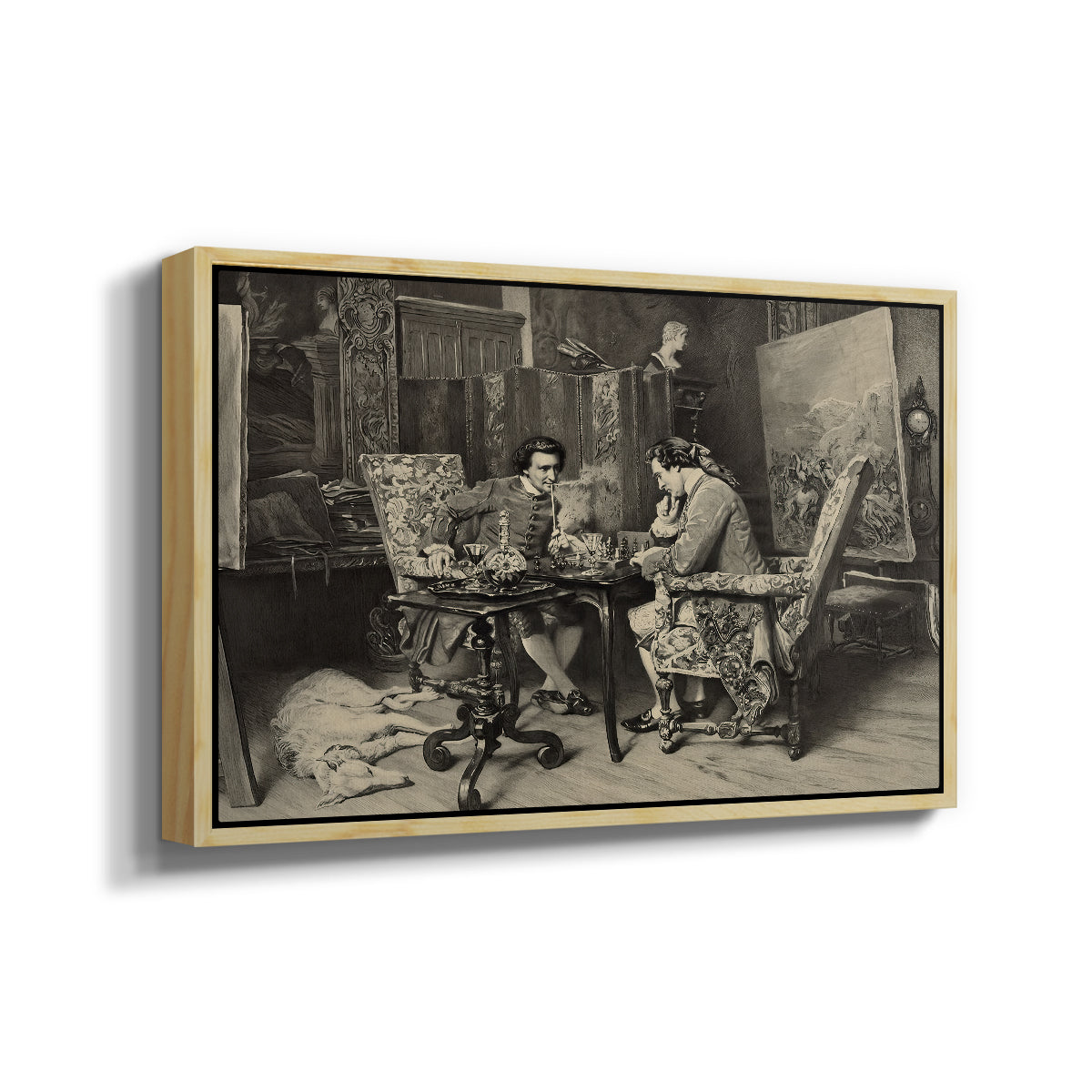Angled view of The Chess Players, 1858 by Ernest Meissonier in a natural wood floater framed canvas.