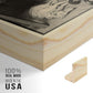 Close-up of the natural wood floater frame corner and gallery wrapped canvas construction.